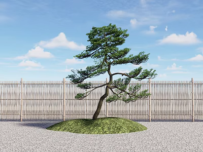 Green Arbor With Curved Trunk Standing By Wooden Fence Under Blue Sky And White Clouds 3d model