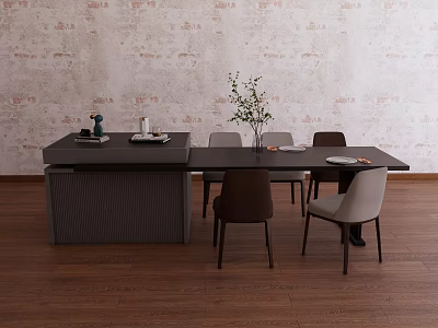 Dark Bar Counter With Dining Table And Chairs In Modern Interior Wooden Floor Textured Wall 3d model