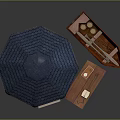 Octagonal Wooden Gazebo With Blue Tile Roof Small Boat Model And Wooden Table