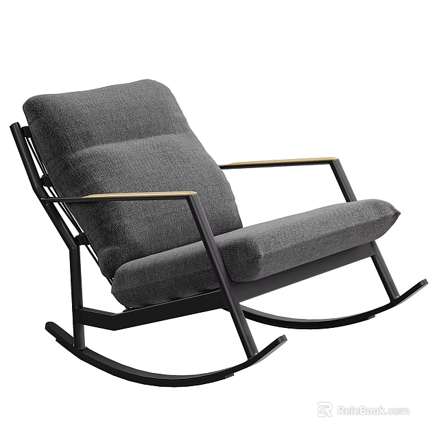 Gray Rocking Chair With Modern Design Black Frame And Wooden Armrests 3d model 
