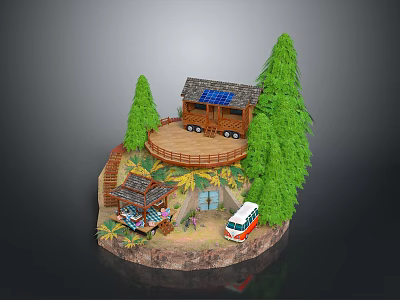 Wooden House With Solar Panels Surrounded By Trees Gazebo RV And Rocky Ground 3d model