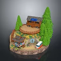 Wooden House With Solar Panels Surrounded By Trees Gazebo RV And Rocky Ground