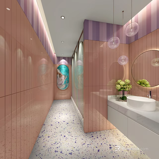 Elegant Modern Public Restroom With Pink Walls Round Mirrors Flower Bouquet And Frosted Glass Partitions 3d model 