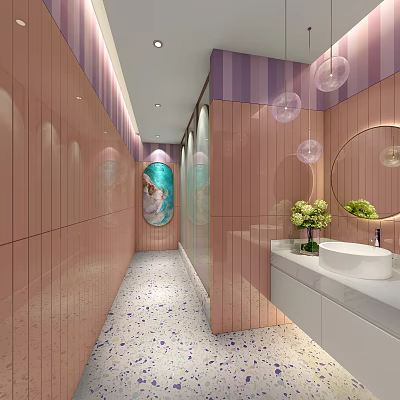 Elegant Modern Public Restroom With Pink Walls Round Mirrors Flower Bouquet And Frosted Glass Partitions 3d model
