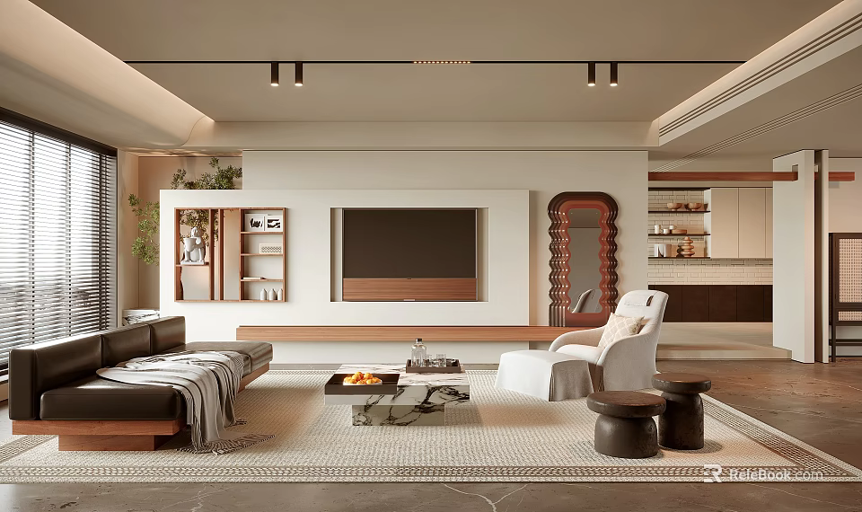 Modern Living Room Interior Design With TV Wall Sofa Coffee Table And Decorative Shelves 3d model 