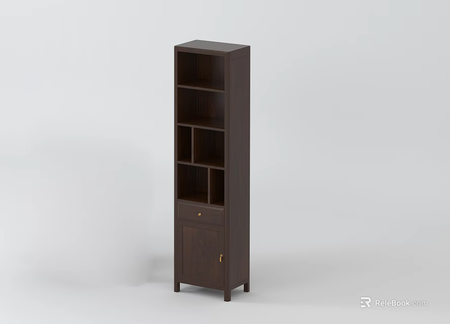 Modern Simple Dark Brown Bookcase With Multiple Shelves And Lower Cabinet Door 3d model 