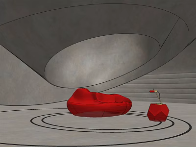 Modern Interior With Red Irregular-Shaped Sofa Small Side Table Circular Floor Patterns And Curved Walls 3d model
