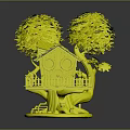 Treehouse With Red Roof Yellow Walls White Fence Surrounded By Two Trees And Base Decorations
