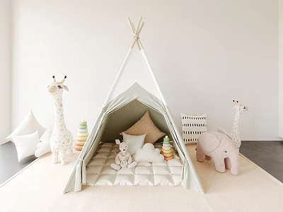 Cute Stuffed Toys in Tepee Tent with Giraffe Elephant Plush and Stacking Blocks 3d model