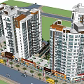 Modern High Rise Residential Buildings Featuring Ground Floor Commercial Shops And Street With Vehicles Trees