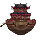 Ancient Architecture Themed Boat With Multi tiered Structure Red Decorations And Curved Eaves 3d model