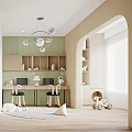 Kids Room Interior With Loft Bed Staircase Green Walls Chandelier Desk Chairs And Round Rug