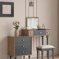 Wooden Dressing Table With Shutter Mirror Dark Drawers And Pink Flower Vase