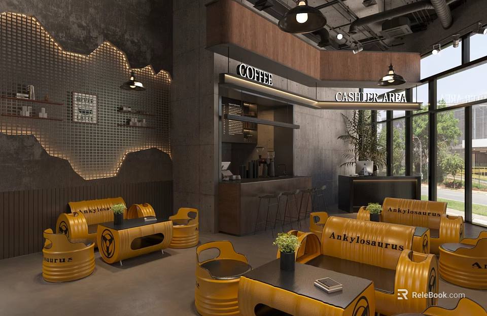 Stylish Industrial Yellow Leisure Sofa Combination For Modern Coffee Shop Comfortable Public Seating Area 3d model 