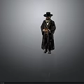 Elderly Man in Black Robe and Hat Holding Golden Scroll Against Gray Background