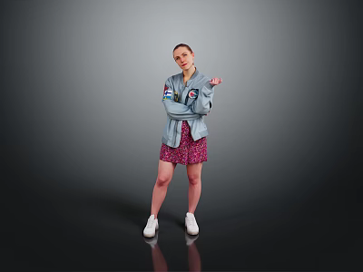 A Woman In Gray Jacket And Pink Floral Skirt Standing On Dark Background With White Sneakers 3d model
