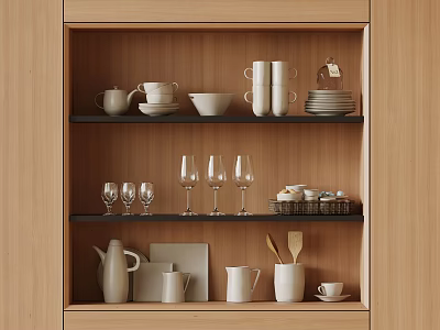 Elegant Tableware Set Arranged In Wooden Kitchen Cabinet With Bowls Plates Mugs And Glasses 3d model