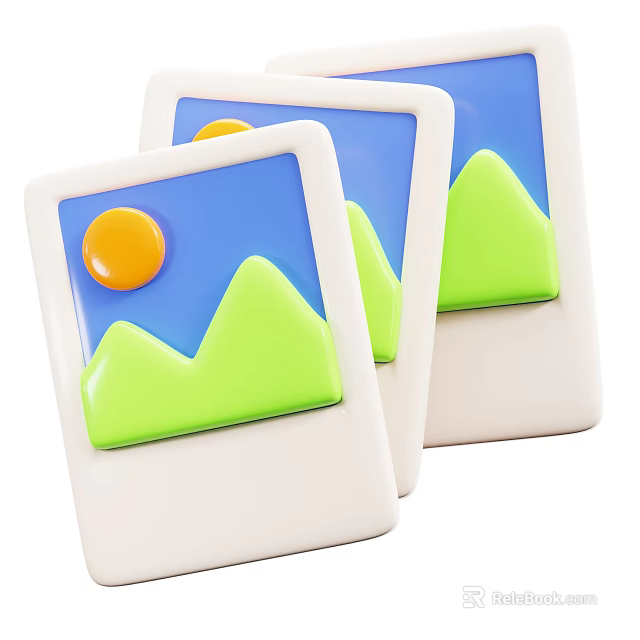 Decorative Ornament Set Three White Picture Frames with Blue Background Yellow Sun and Green Mountain 3d model 