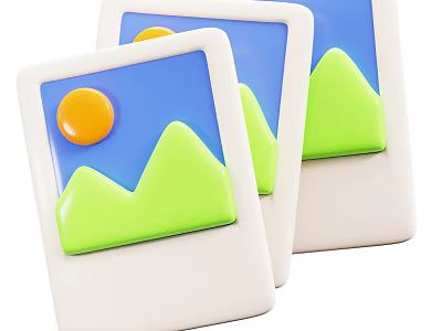 Decorative Ornament Set Three White Picture Frames with Blue Background Yellow Sun and Green Mountain 3d model