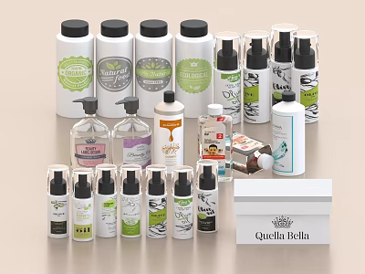 Assorted Cosmetics And Perfumes Product Display With Quella Bella Box 3d model