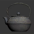 Traditional Blue Gray Teapot with Woven Handle Round Lid Knob and Geometric Patterns
