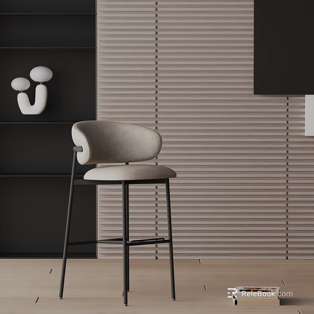 Modern Light Gray Padded Bar Stool With Black Metal Legs And Vertical Striped Wall 3d model 