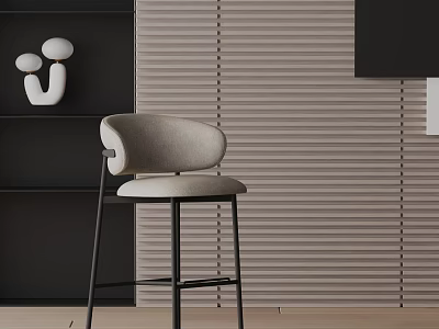 Modern Light Gray Padded Bar Stool With Black Metal Legs And Vertical Striped Wall 3d model