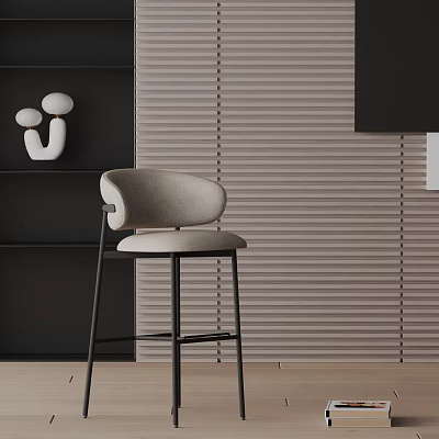 Modern Light Gray Padded Bar Stool With Black Metal Legs And Vertical Striped Wall 3d model