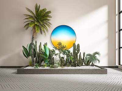 Contemporary Garden Landscape with Palm Tree Cacti Succulents Circular Sunset Painting in Grey Planter 3d model