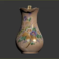 Pink Ceramic Pitcher With Colorful Floral Patterns Curved Handle And Scalloped Rim