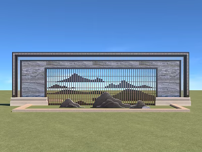 Modern Scenic Wall with Metal Grille Design and Stone Decorations on Grassland 3d model