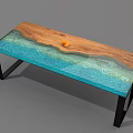 Modern Dining Table With Wooden And Glass Ripple Design Featuring Blue Tones And Orange Decor