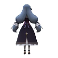 Woman in Black and White Maid Outfit with Long Blue Double Ponytails and Purple Bows