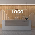 Modern Office Front Desk Backdrop With Wooden Wavy Design And Logo