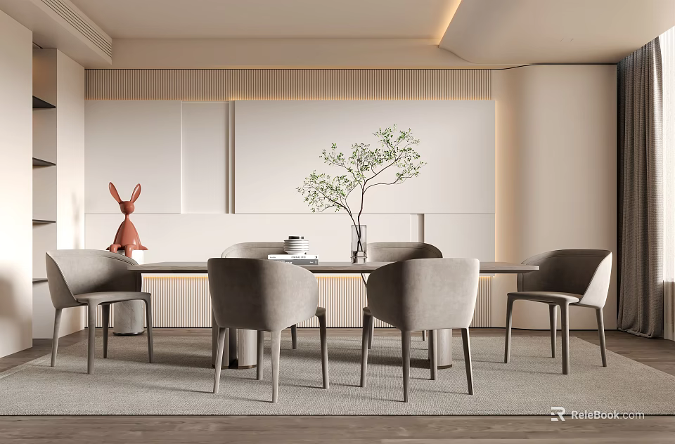 Modern Restaurant Interior With Dining Table Chairs Vase Green Plant And Wall Panels 3d model 