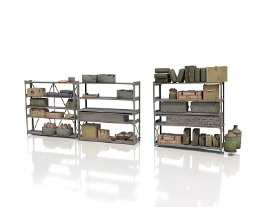 Metal Storage Shelves With Various Boxes Cans and Tools on Reflective Floor White Background 3d model