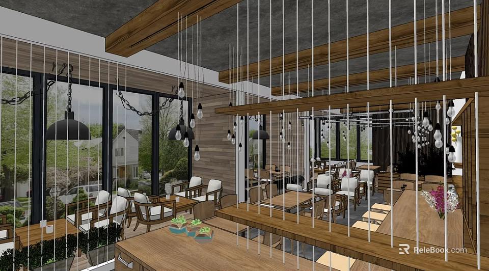 Modern Café Interior Design With Wooden Ceiling Hanging Lights And Open Layout 3d model 