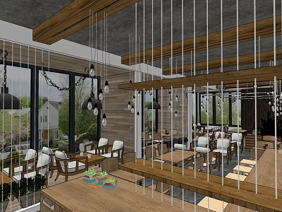 Modern Café Interior Design With Wooden Ceiling Hanging Lights And Open Layout 3d model