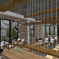 Modern Café Interior Design With Wooden Ceiling Hanging Lights And Open Layout