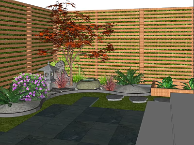 Serene Courtyard Garden With Wooden Slat Fence Red Leaf Tree Purple Flowers And Stone Lantern 3d model