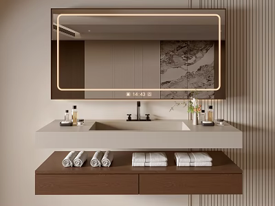 Elegant Modern Bathroom Cabinet With LED Mirror Wooden Drawers Towels Toiletries And Green Plant 3d model