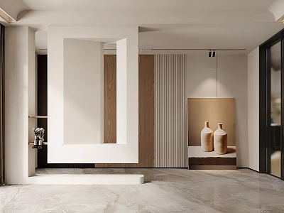 Modern Minimalist Entryway Hallway Interior Design With Wooden Accents Mirror And Marble Floor 3d model