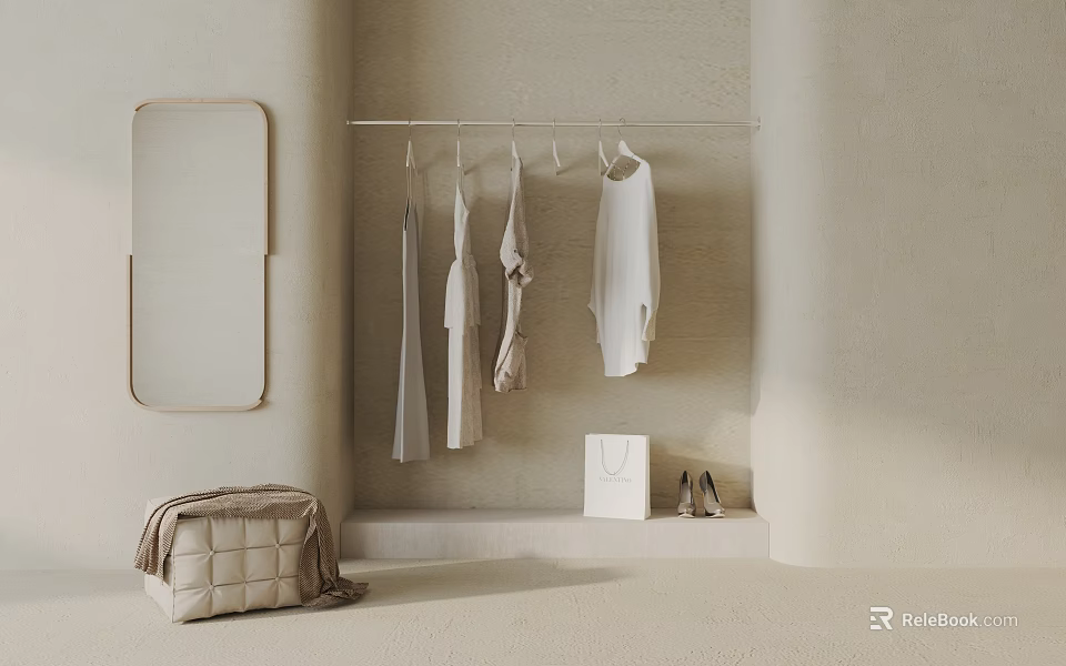 Modern Minimalist Beige Clothes Hanger with Hanging Clothes Mirror Shopping Bag and Shoes 3d model 