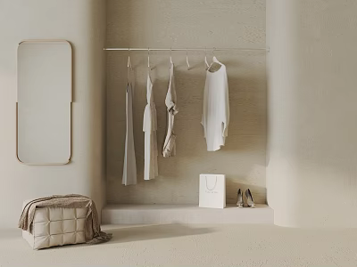 Modern Minimalist Beige Clothes Hanger with Hanging Clothes Mirror Shopping Bag and Shoes 3d model