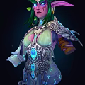 Detailed Elven Fantasy Character Creature With Green Hair Pink Ears Leaf Decorations Blue White Outfit