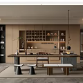 Elegant Modern Tea Room Interior Design With Wooden Cabinets Tea Sets Stools And Rug