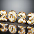 Shiny Gold And White 2023 Number Balloons With Dark Background Reflection 3d model