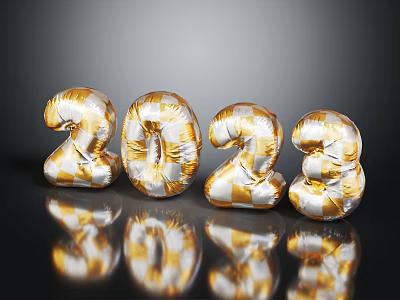 Shiny Gold And White 2023 Number Balloons With Dark Background Reflection 3d model