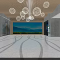 Modern Spacious Lobby With Wooden Ceiling Spherical Pendant Lights Marble Floor And Lake Mountain View