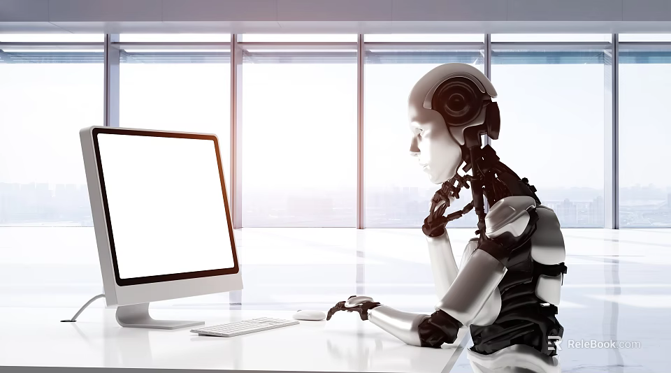 Smart Robot with Headphones Working at Computer Desk in Bright Modern Office Space 3d model 
